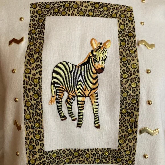 P.G.B. Zebra Sweatshirt 90s Animal Pattern Squiggle Glittery Shiny Beaded - Picture 7 of 13